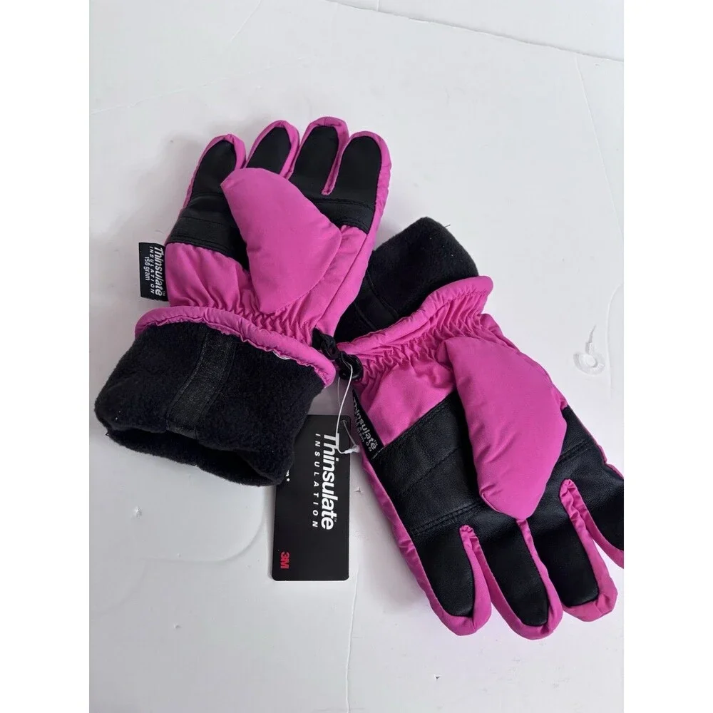 LL BEAN Mitten Gloves Primaloft Insulated Lined Kids L  NEW Pink/Black